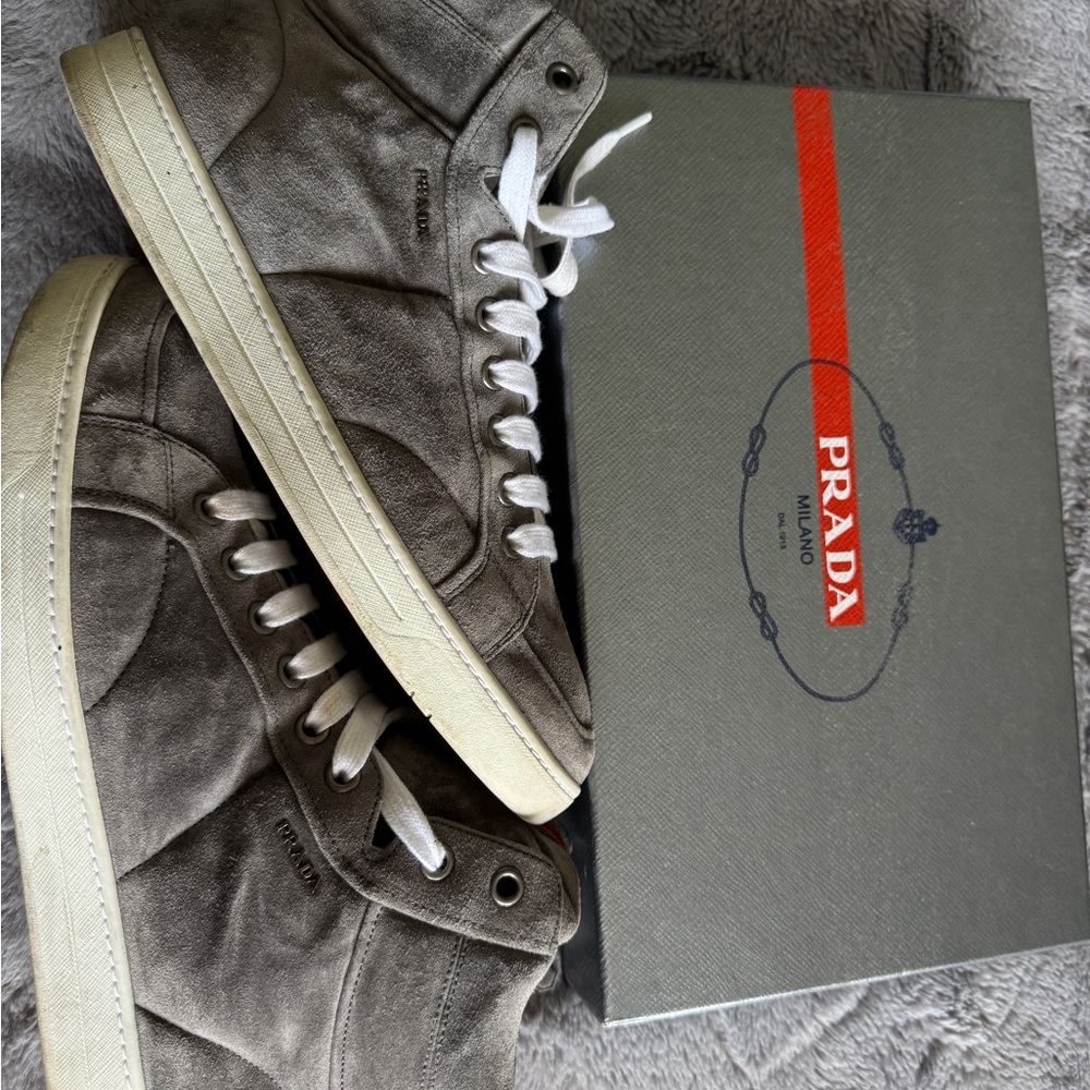 Prada Gray Leather High-Top Sneakers